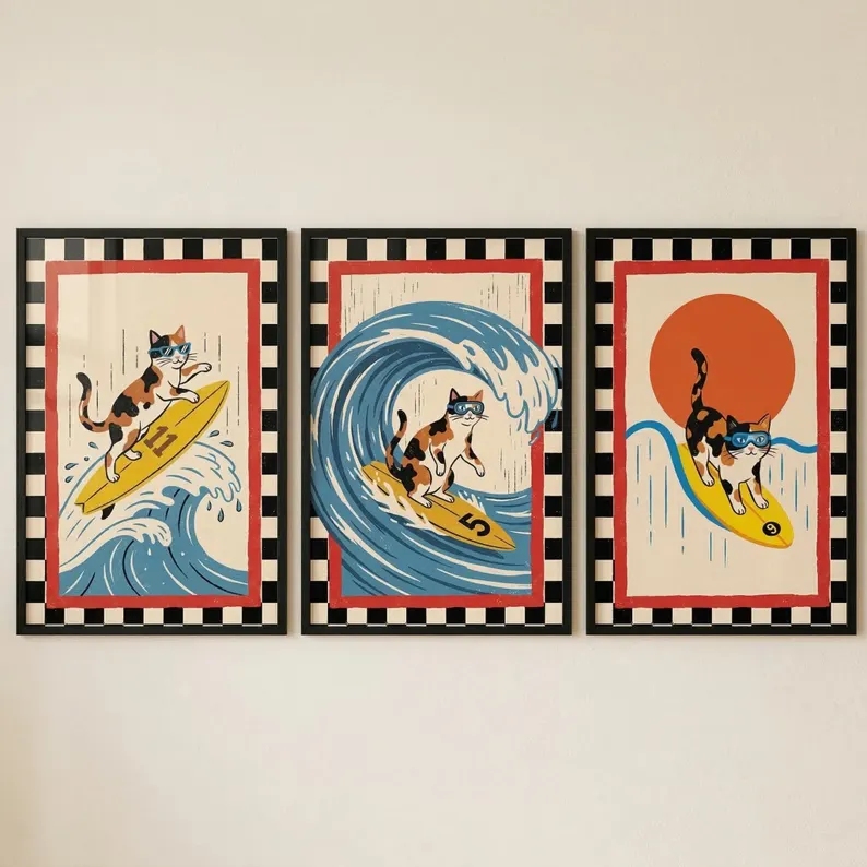 3pcs Retro Japanese Wave Cat S - Home Decor Cat 评论和价格